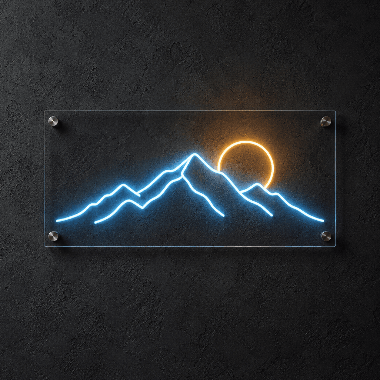 Blue neon mountain ridge with an amber sun on a charcoal wall.